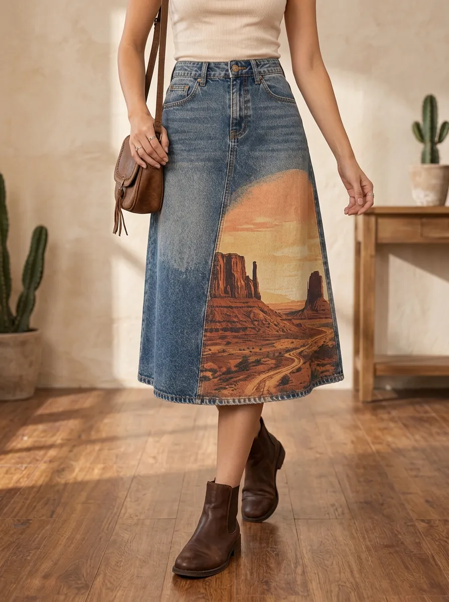 Women's Scenic Graphic Print Denim Midi Skirt