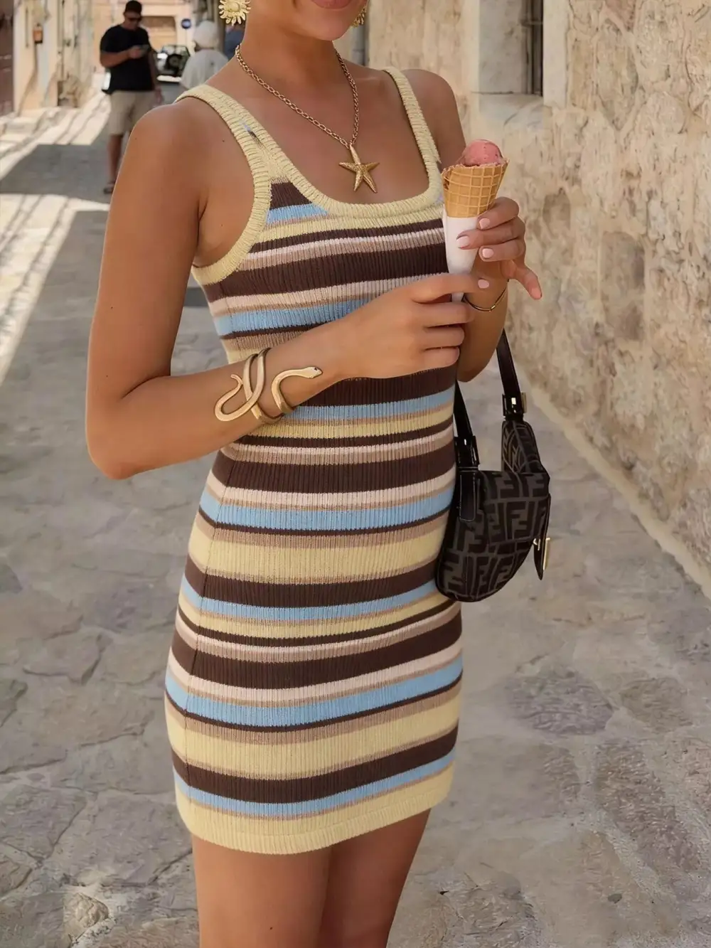 Striped Scoop Neck Knit Mini Dress