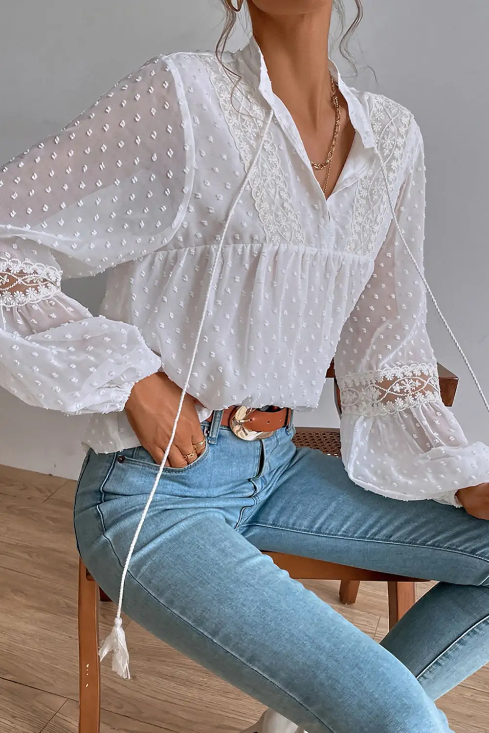 Swiss Dot Drawstring Balloon Sleeve Babydoll Blouse