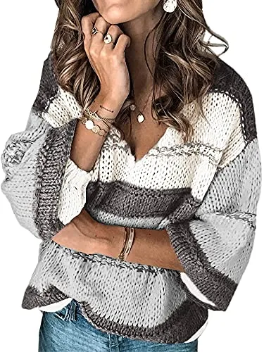 Women's Sweaters Casual Long Sleeve Crewneck Color Block Patchwork Pullover Knit Sweater Tops