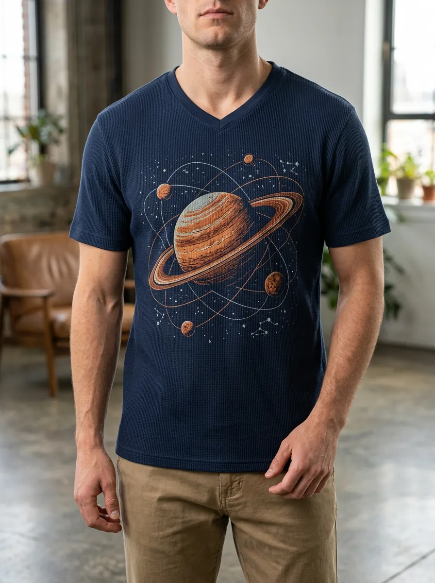 Men's Astronomy Lover Saturn Planet Printed V-Neck T-Shirt