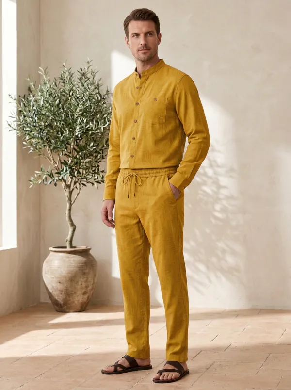 Active Mandarin Collar Drawstring Silhouette Men's Mandarin Collar Shirt And Drawstring Pants Set