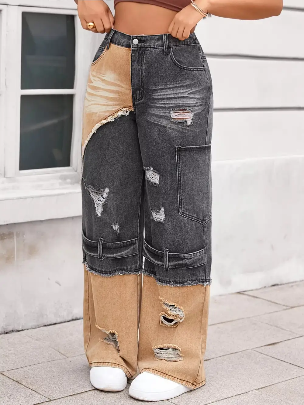 Wide Leg Ripped Denim Jeans