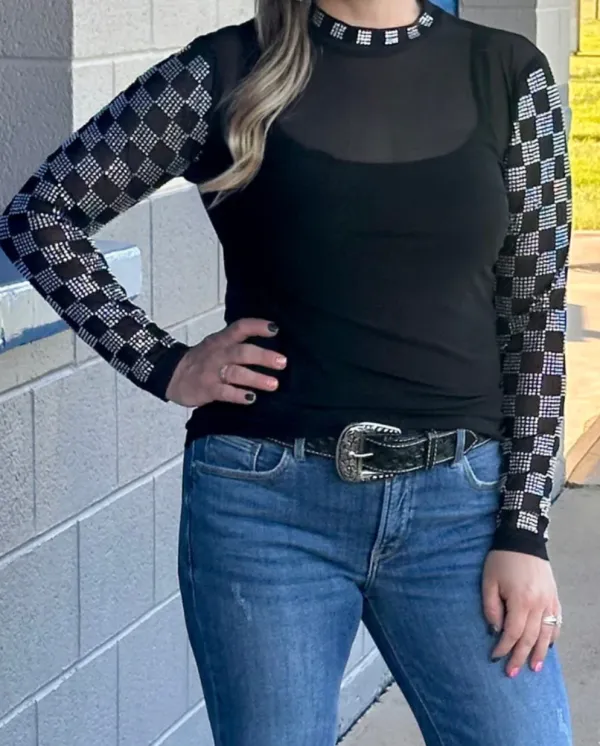 Rhinestones Mesh Top