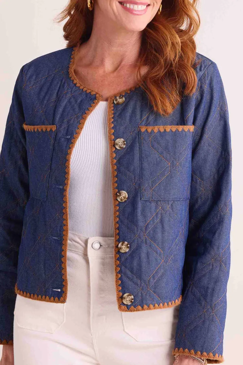 Blue Denim Contrast Stitch Quilted Cropped Jacket