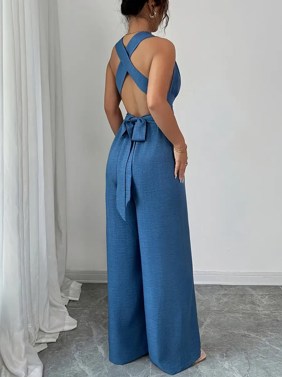 Hoog Getailleerde Mouwloze Rugloze Effen Kleur Gebonden Jumpsuits