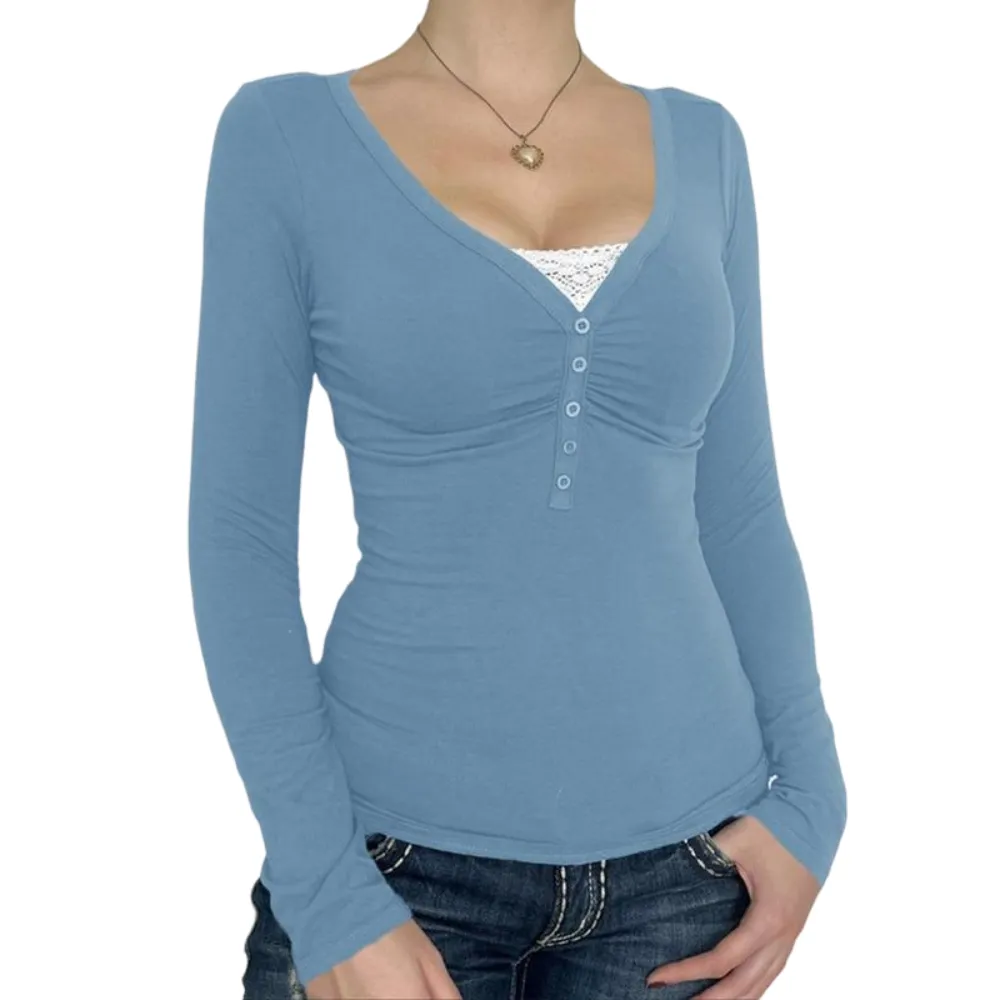 Women's Contrast Lace Button V Neck Tee