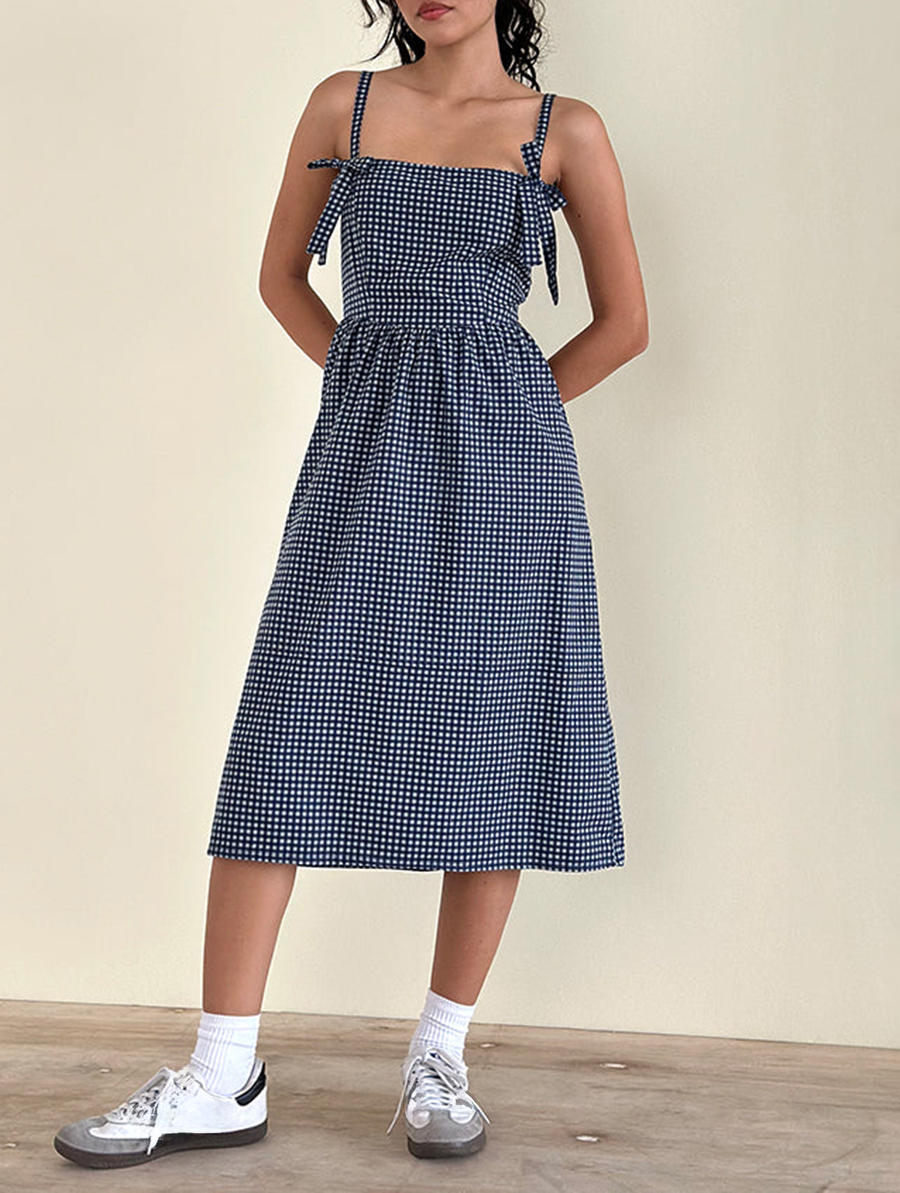Midi Dress In Mini Dark Blue Gingham