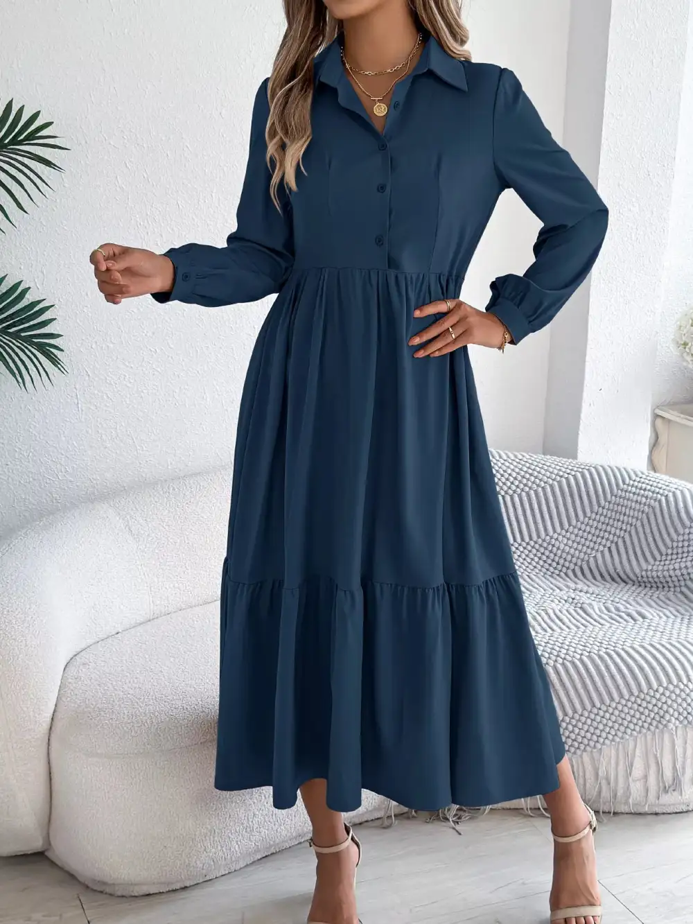 Button Front Tiered Long Sleeve Midi Dress