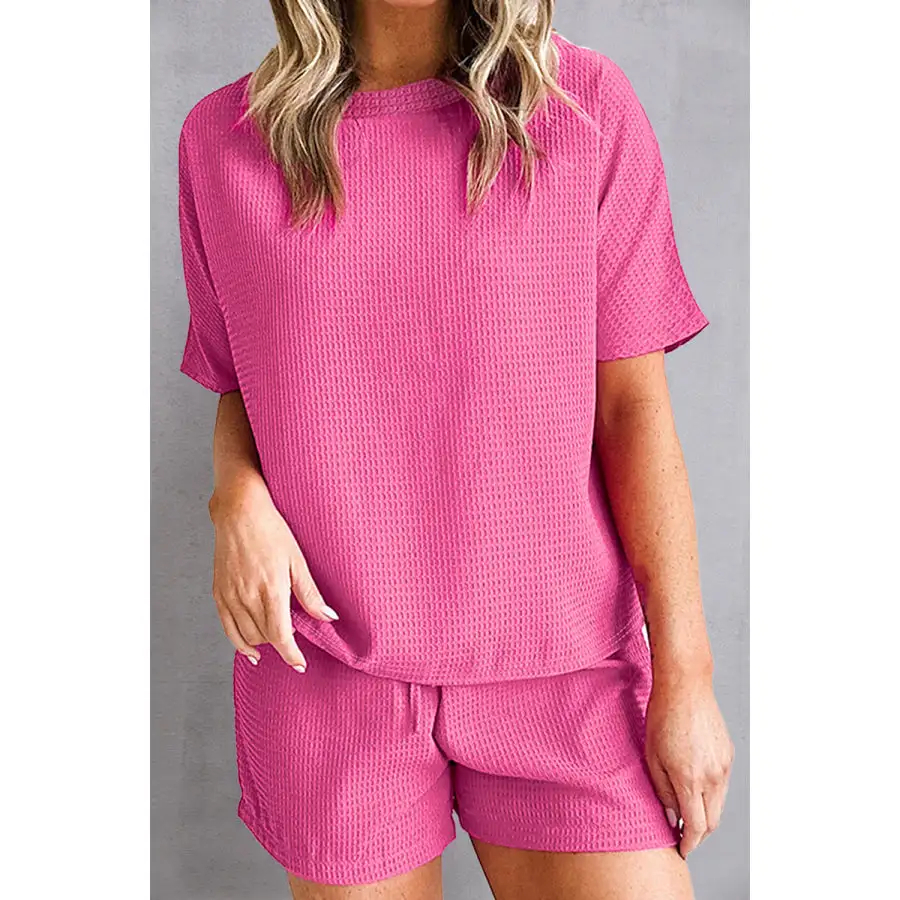 Waffle Knit Round Neck Top and Shorts Set