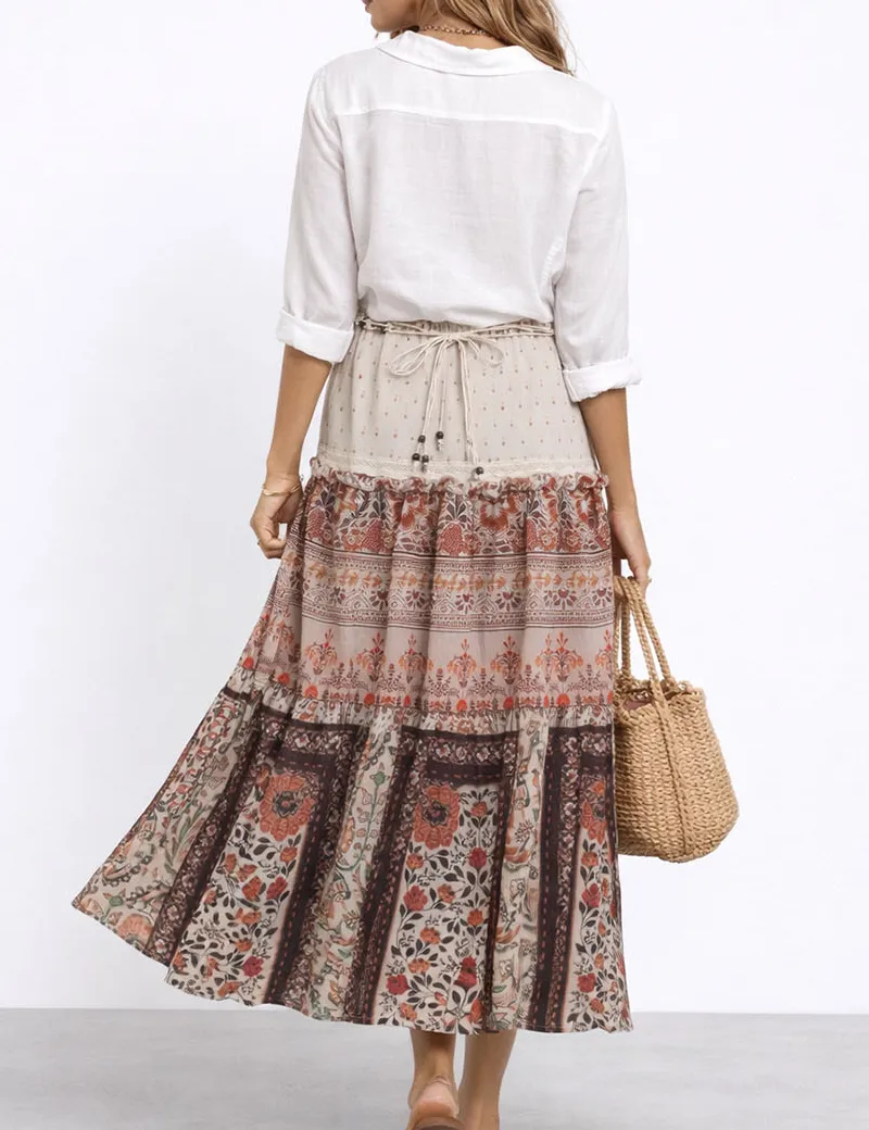 Boho Woven Band Elastic Waist Tiered Midi Skirt
