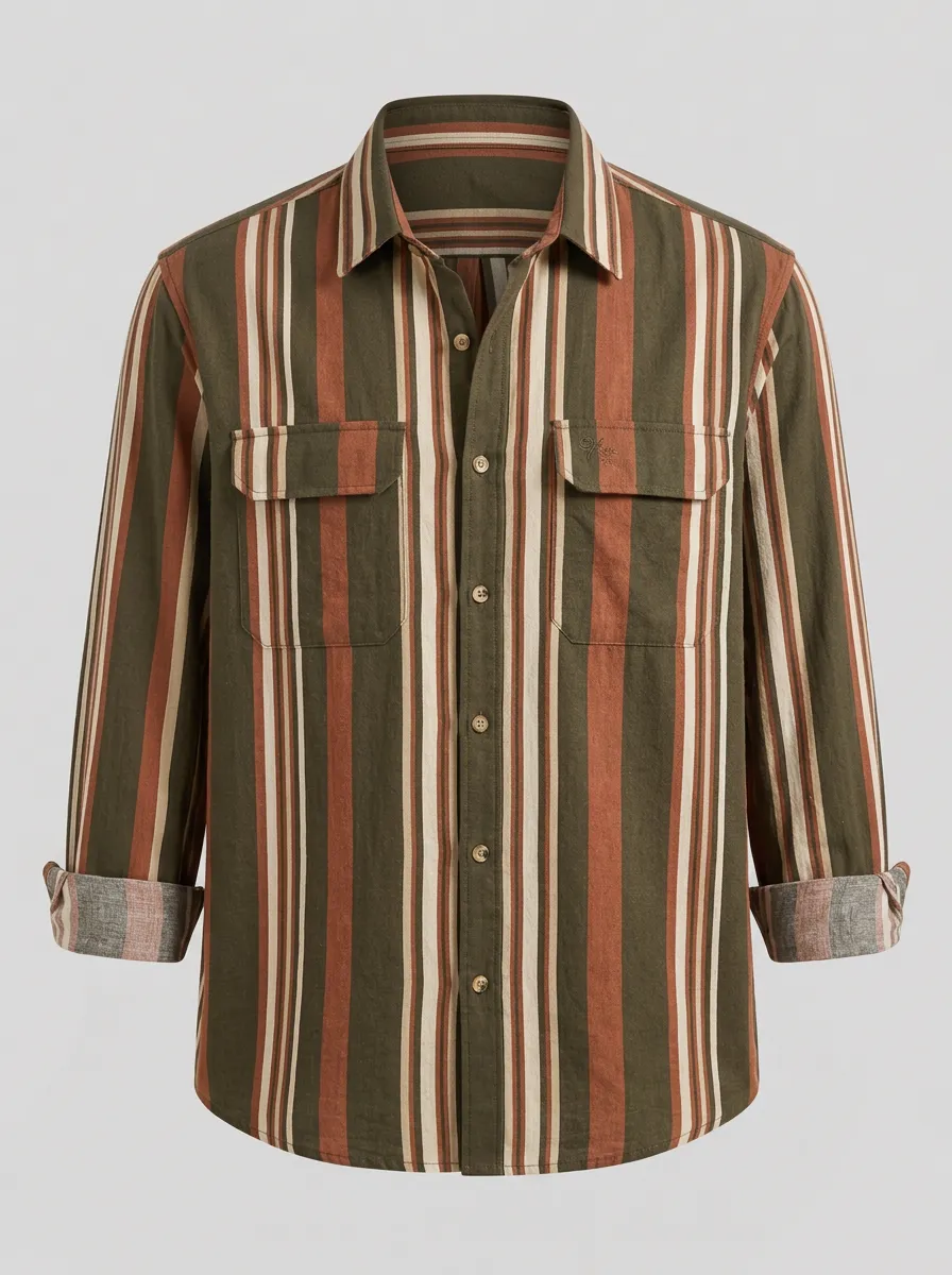 Men's Casual Vintage Olive Striped Pattern Printed Shirt
