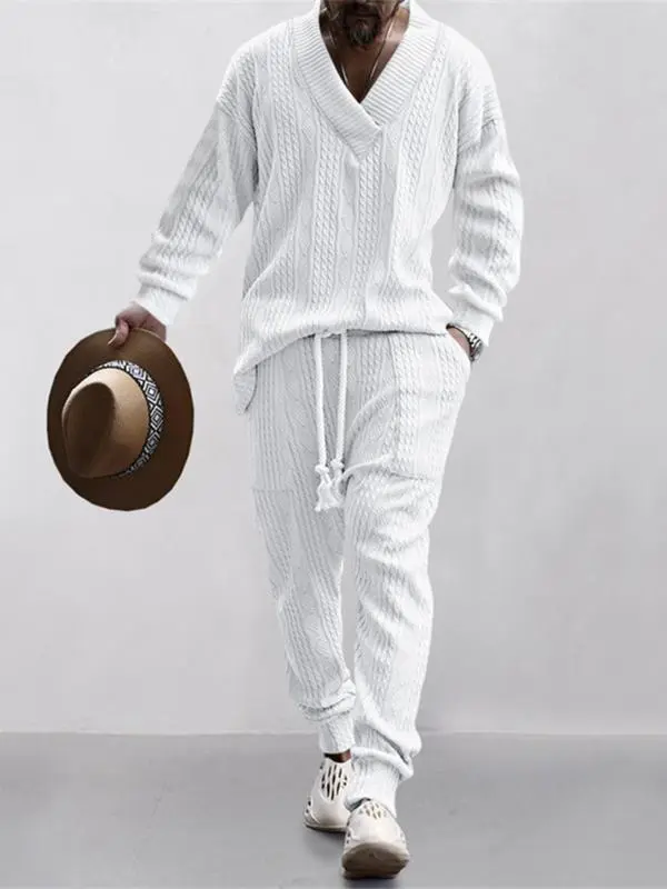 Men's Jacquard Drop Shoulder V Neck Top & Drawstring Waist Pants, Casual Fashion Pullover & Pocket Trousers for Daily Wear, Tracksuit Set, Tracksuits, Mens Jogger Sets, Sweat Suits Workout, Men's 2 Piece Set, Menswear, Clothes, Formal Wear, Sweat Set