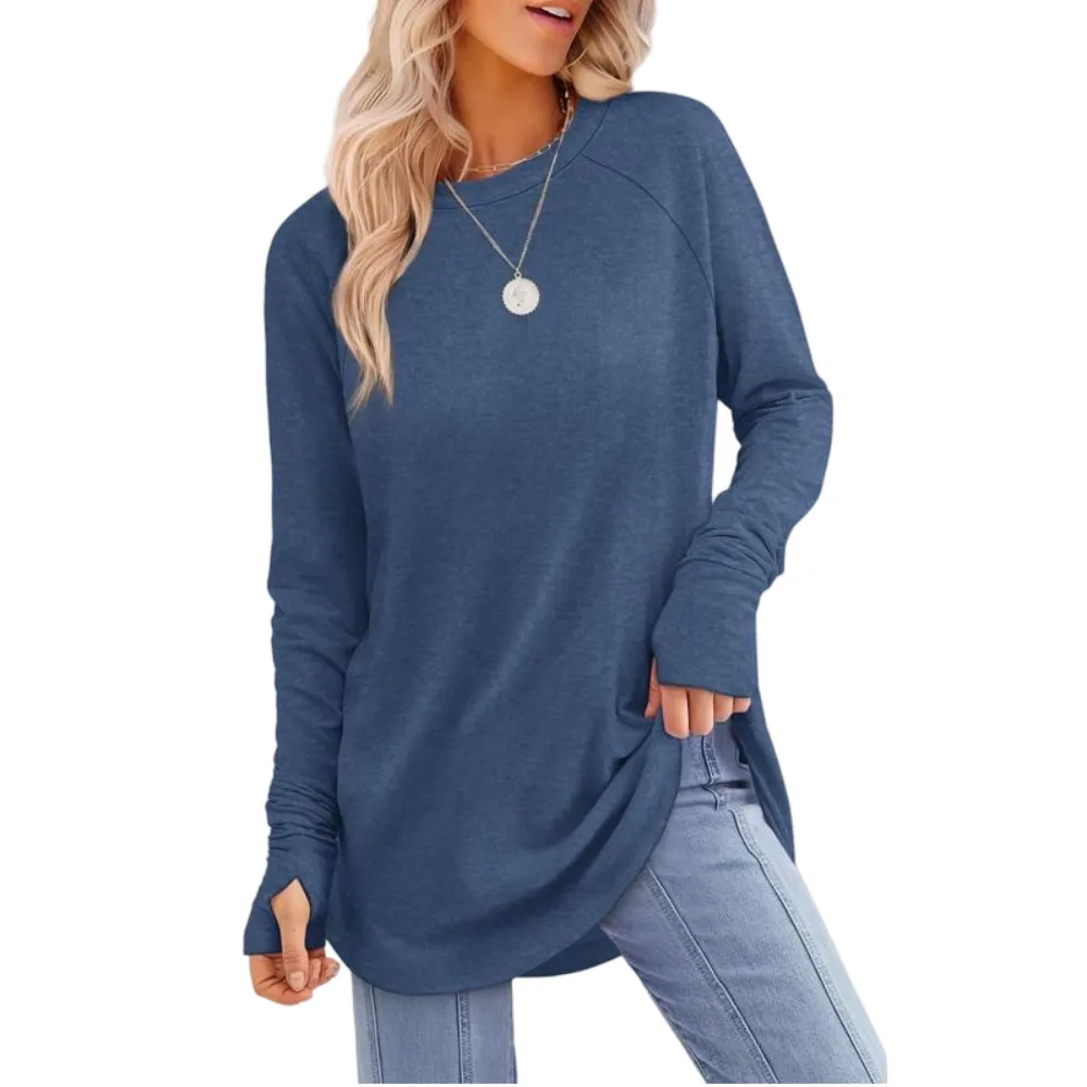 Womens Tunic Tops to Wear with Leggings Long Sleeve Thumb Hole Shirts Crew Neck Curved Hem