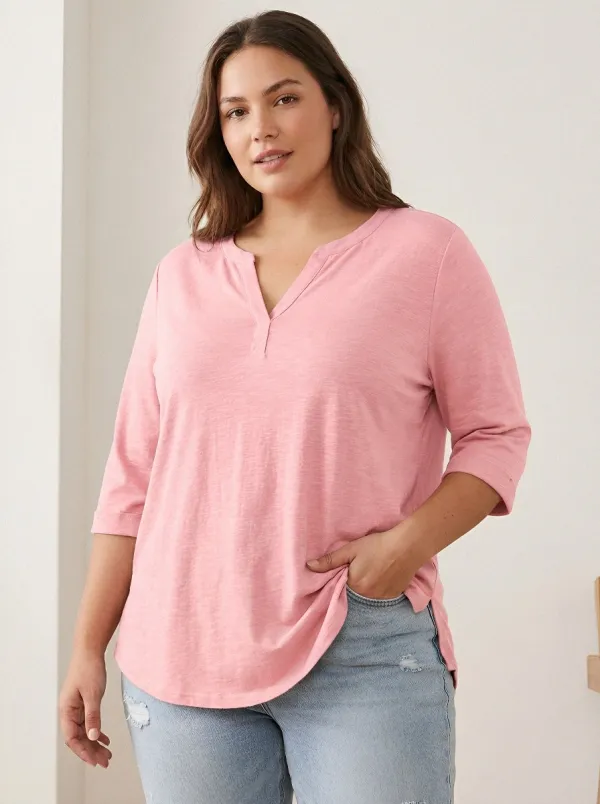 Women's Plus Size Casual Solid Pink V-neck Loose T-shirt