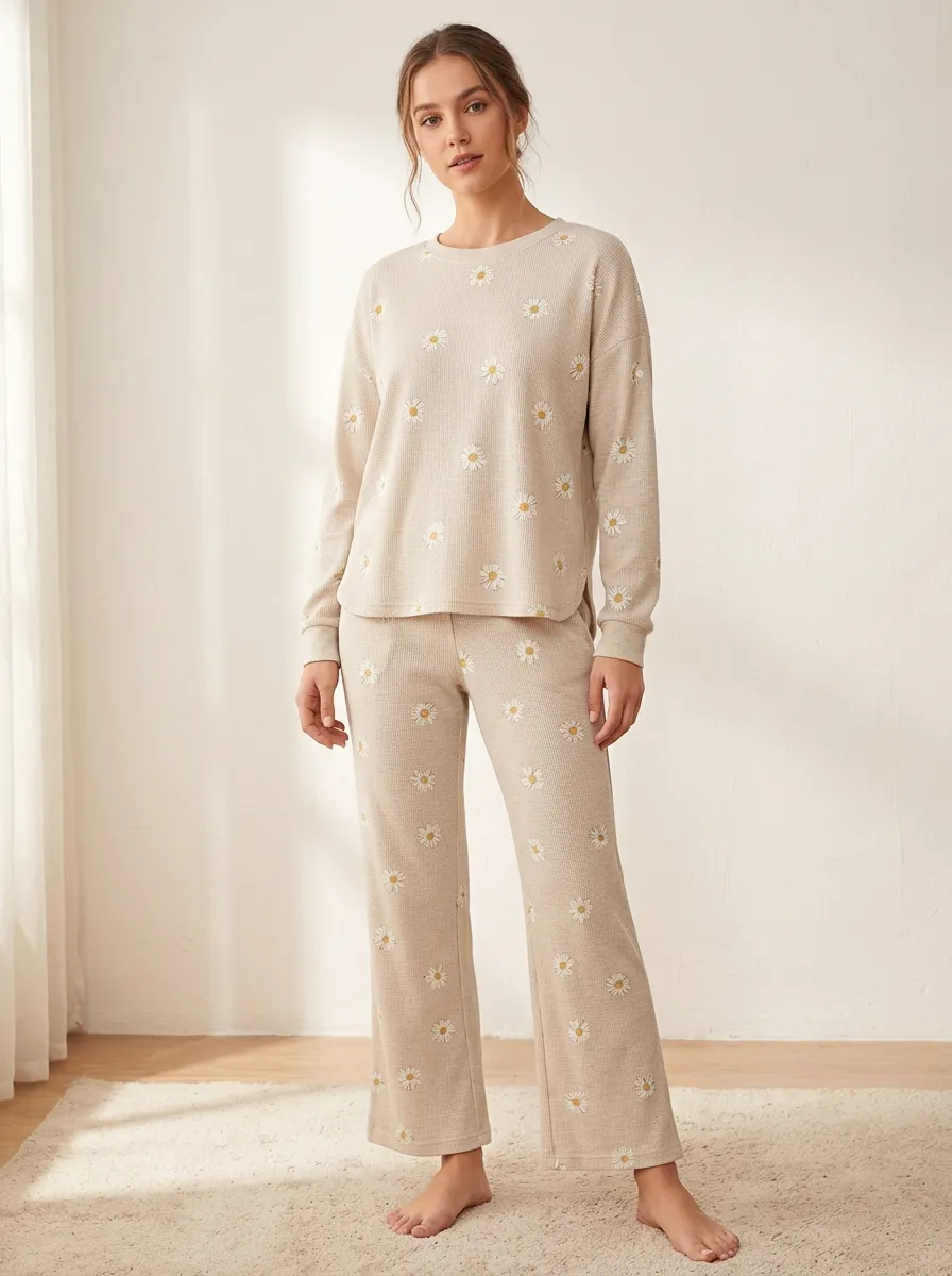 Women's Daisy Waffle-Texture Curved-Hem Wide-Leg Lounge Set