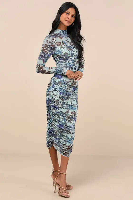 Impressive Flirt Black Mesh Ruched Mock Neck Midi Dress