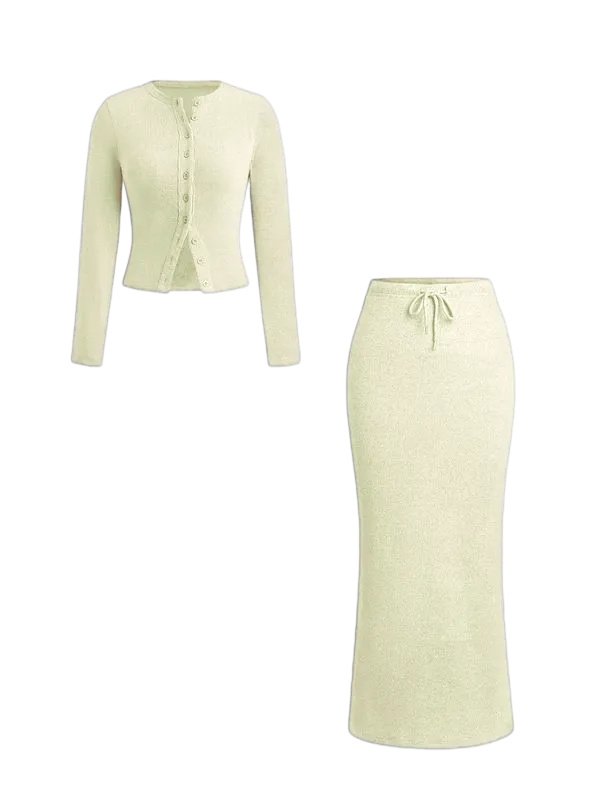 Women's Slim-Fit Long Sleeve Knitted T-Shirt Set, Elegant A-Line Skirt, Spring & Fall Fashion, Basic Style, Moderate Fabric