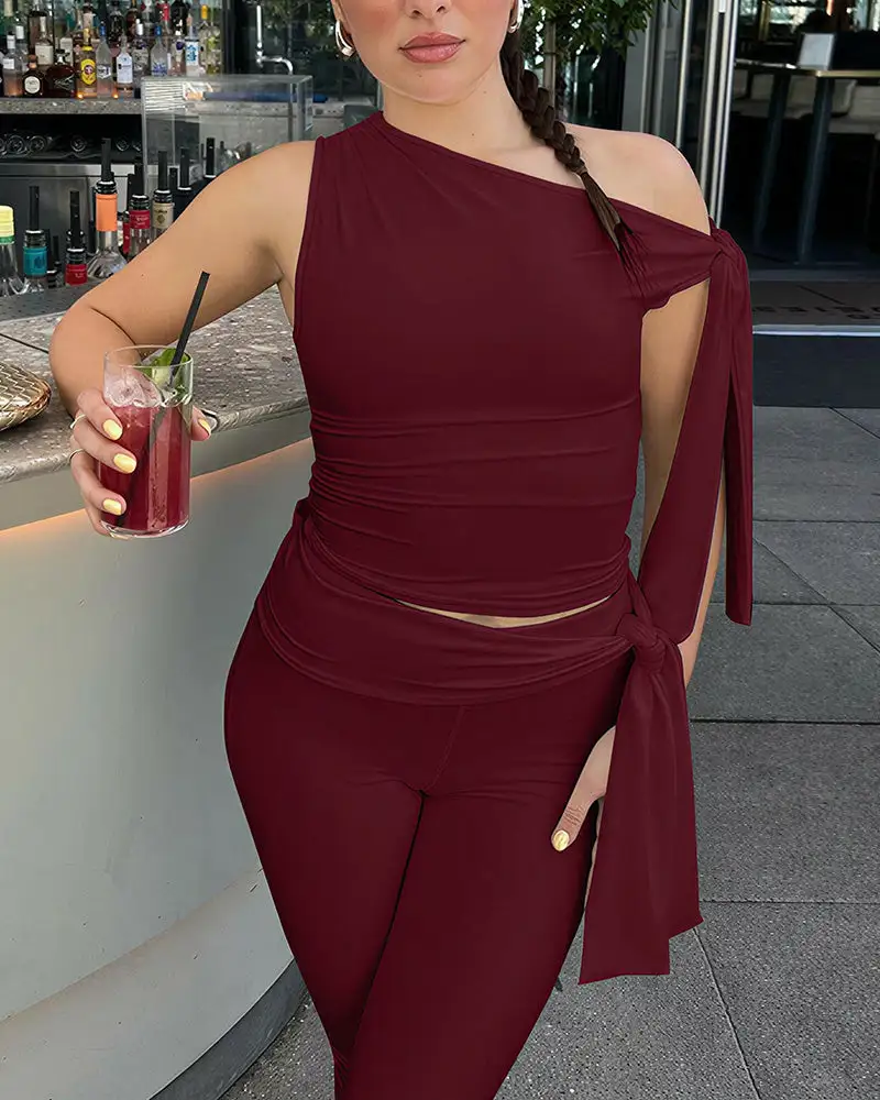 Asymmetrical Drape Top and Capri Leggings Two-Piece Set
