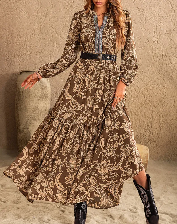 Ruched Printed Notched Long Sleeve Maxi Dress