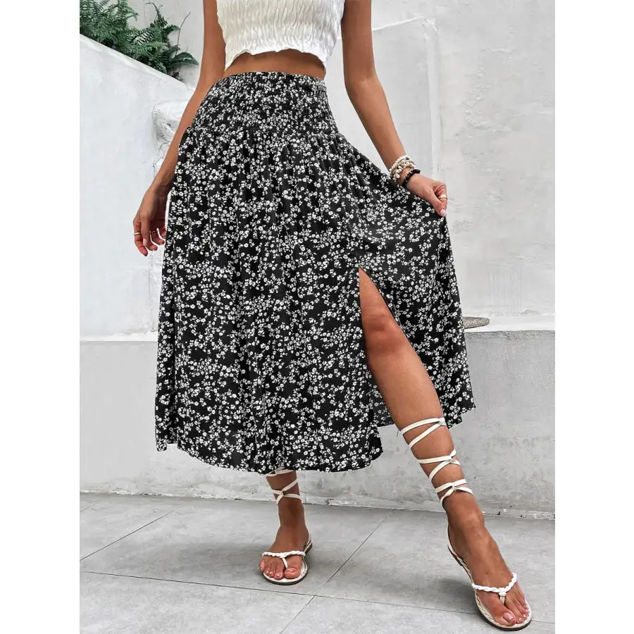 Slit Smocked Printed Skirt