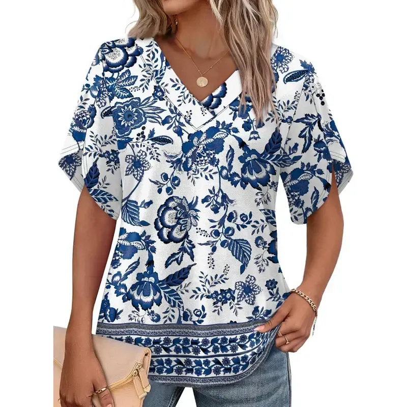Women's Summer Short Petal Sleeve Blouse, V‑Neck Casual Top