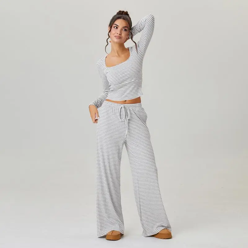 Women's Slouchy Square Neck Stripe Long Sleeve Crop Top & Low-Rise Wide Leg Trousers Co-ord