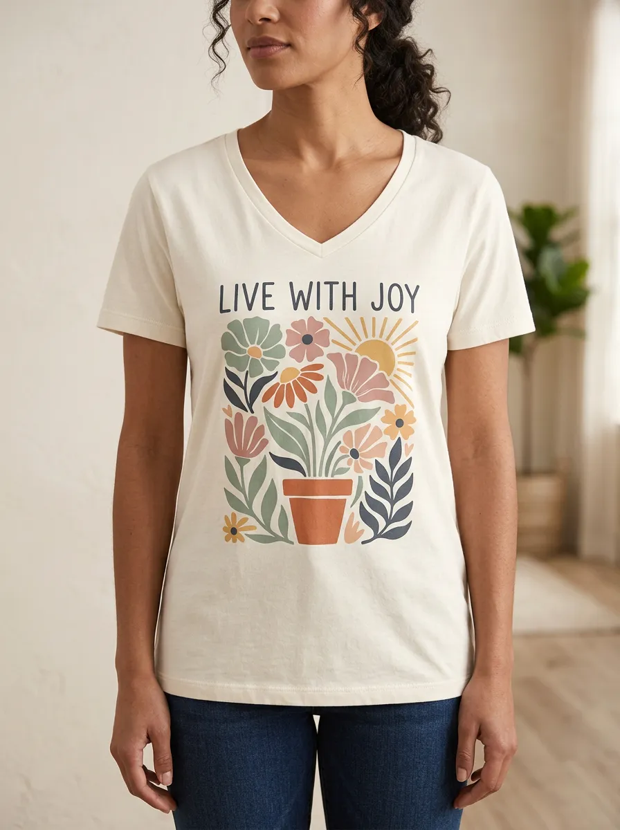 Women's Live With Joy Floral Plant Pot Print T-Shirt