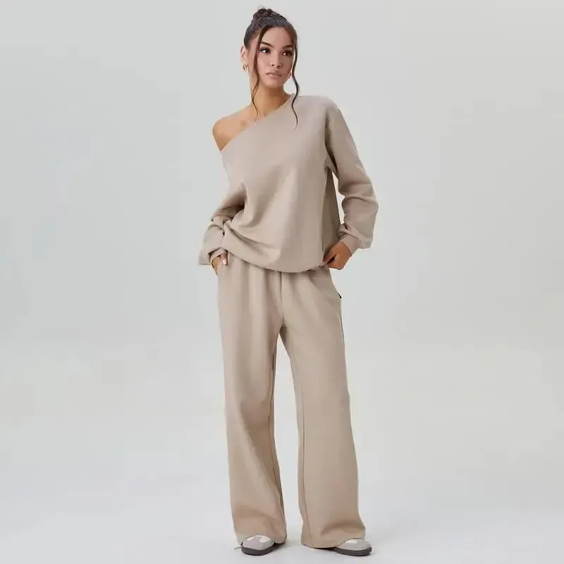 🔥Last Day 89% OFF🔥Women's Leisure Solid Color Sloping Shoulder Long Sleeve Top & Wide Leg Trousers Co-ord