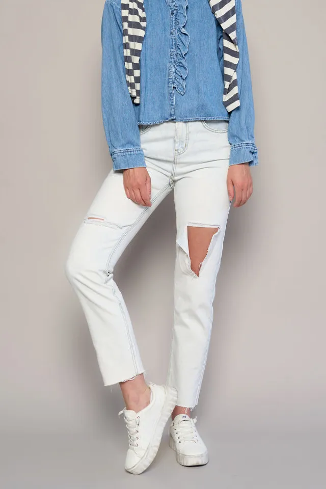 Women's High Rise Raw Hem Ripped Slim Straight Rigid Denim Jeans