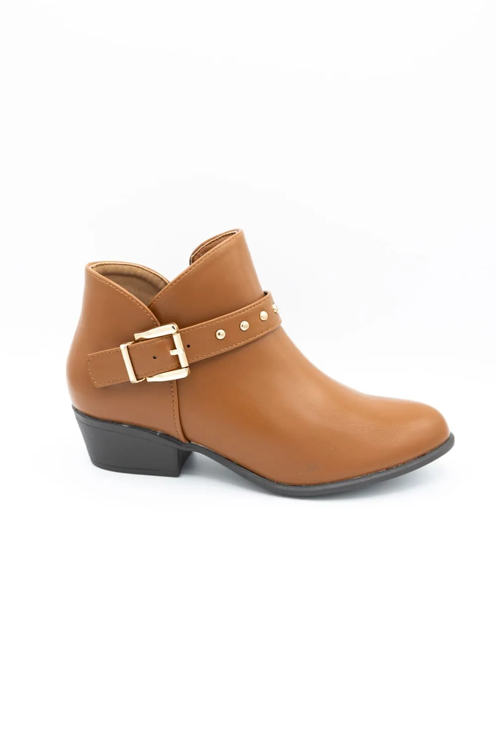 Buckle Detail Faux Leather Zip Entry Round Toe Bootie