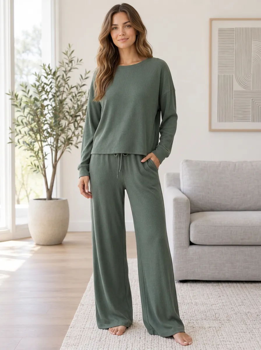 Women's Weekend Loungewear Ribbed Knit Wide Leg Loungewear Set
