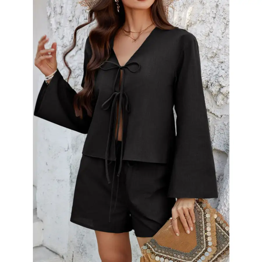Double Tied V Neck Top and Shorts Set