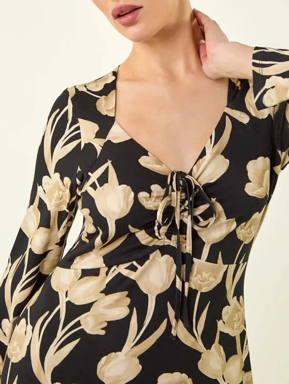 Printed V-Neck Tie Waist Midi Dress