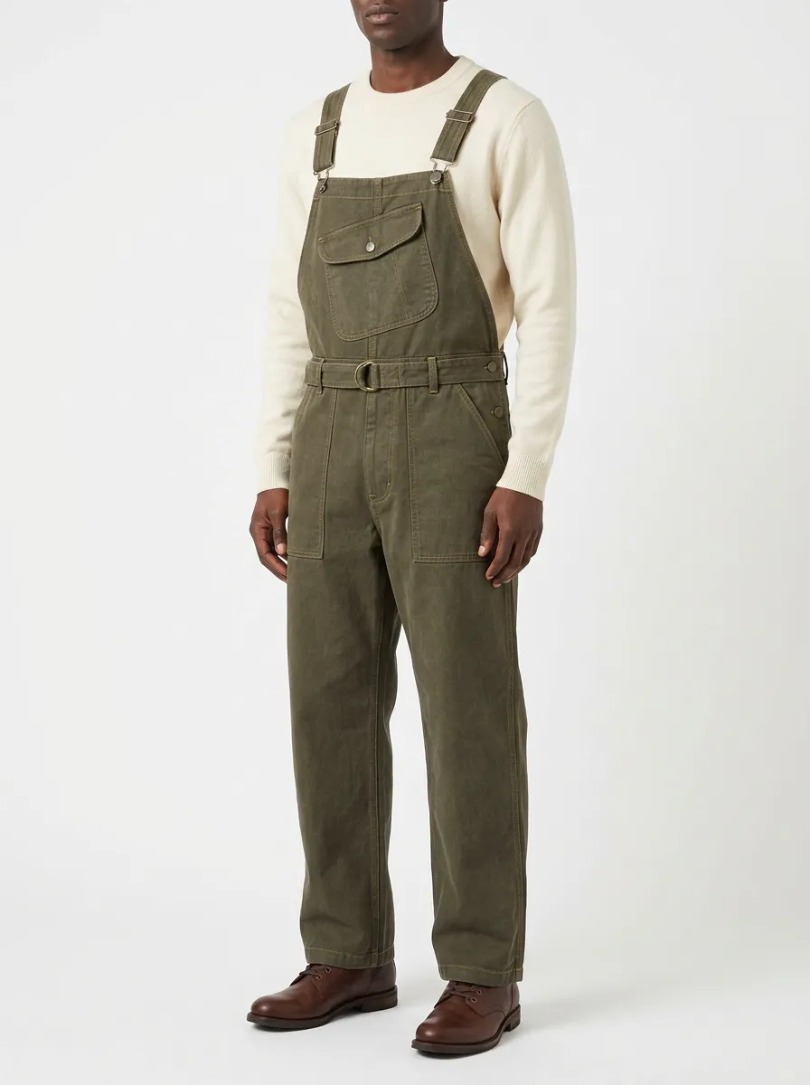 Men's Olive Green Utility Belted Cotton Overalls