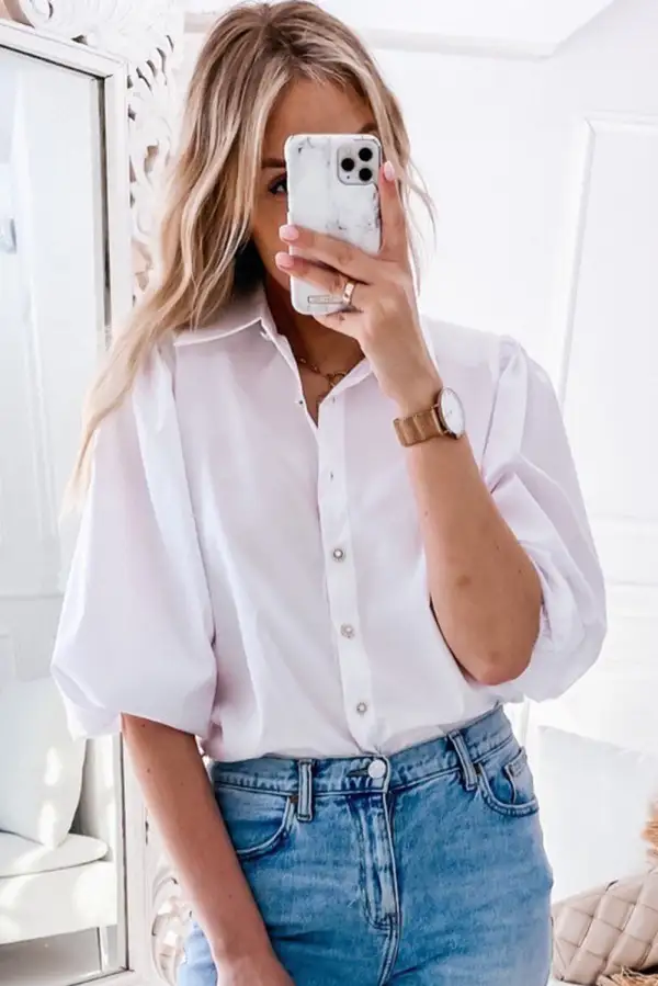 Turn-Down Neck Puff Sleeve Shirt