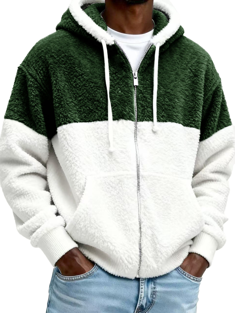 Men’s Stylish Casual Patchwork Plush Warm Long-sleeved Hooded Jacket