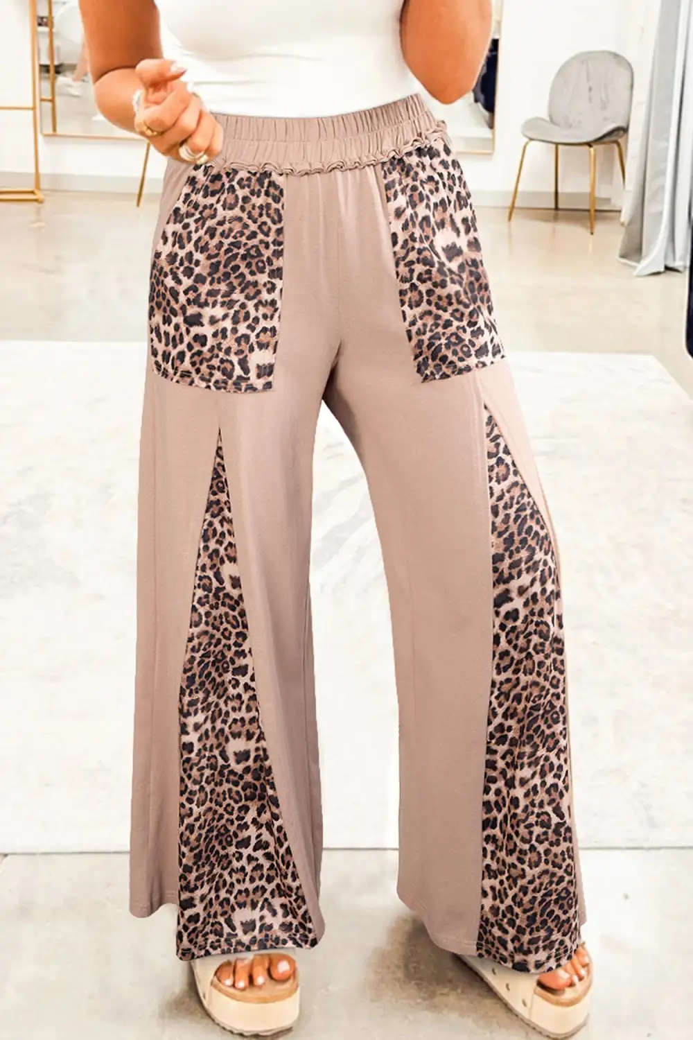 Wash Leopard Patchwork Wide Leg Pants