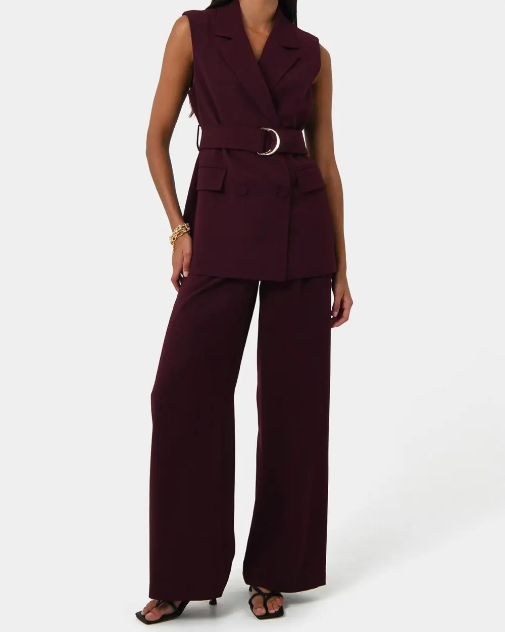 Wide Leg Tailored Pants -Wine