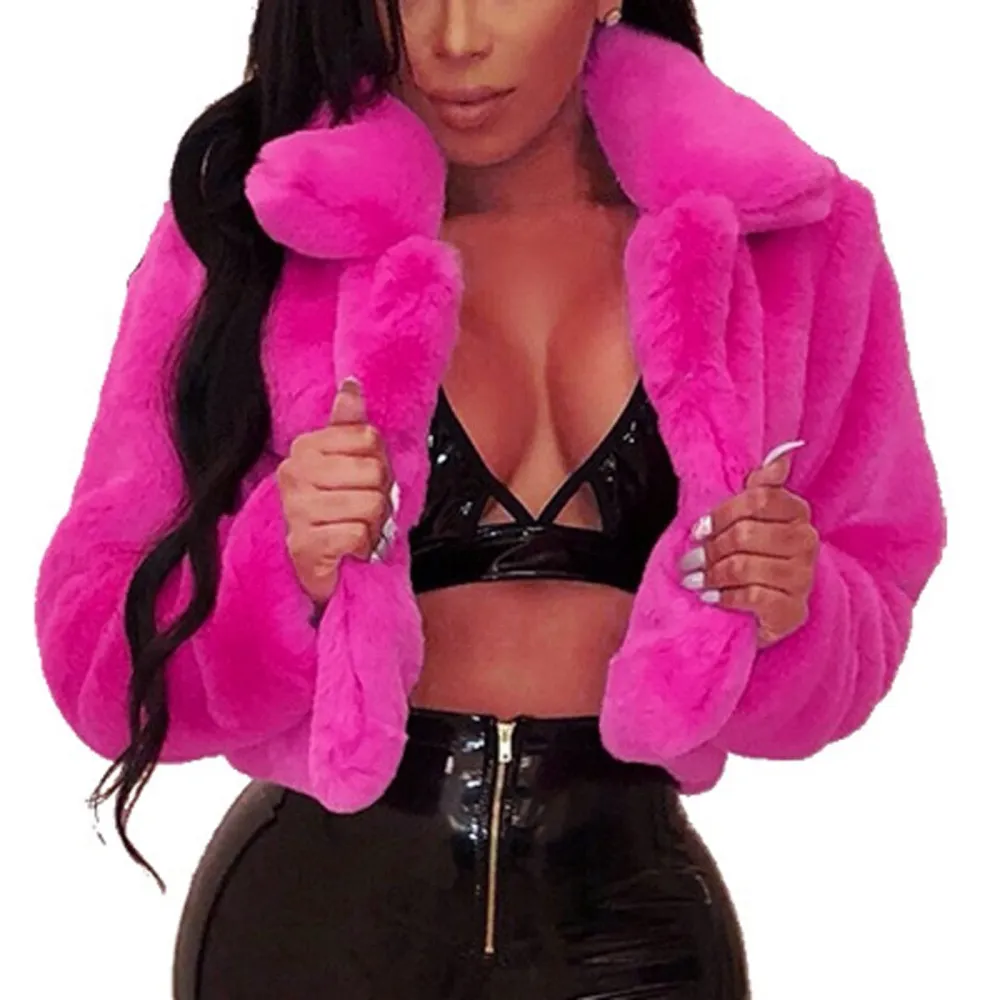 Z1-Hot Pink Faux Fur Coat Women with Hood Cropped Bubble Coats Fleece Short Warm Jackets Plus Size Winter Coats for Women