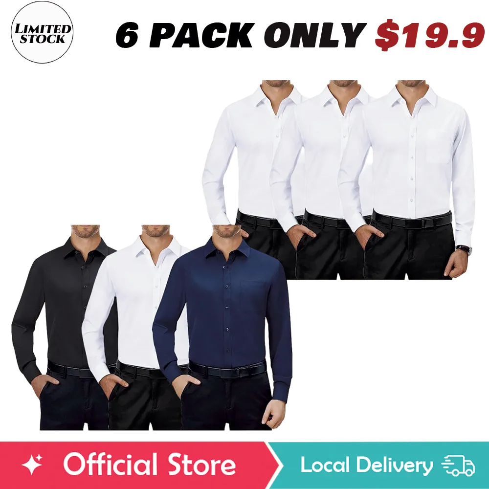 3/6-Pack Men'S Dress Shirts 4-Way Stretch Long Sleeve Collared Solid Wedding Dating Button Down Shirts Casual Breathable Outfits Menswear