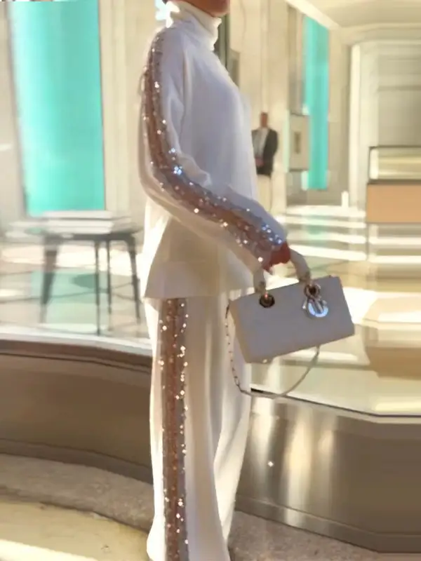 Sequined High Neck Sweater Pants Set