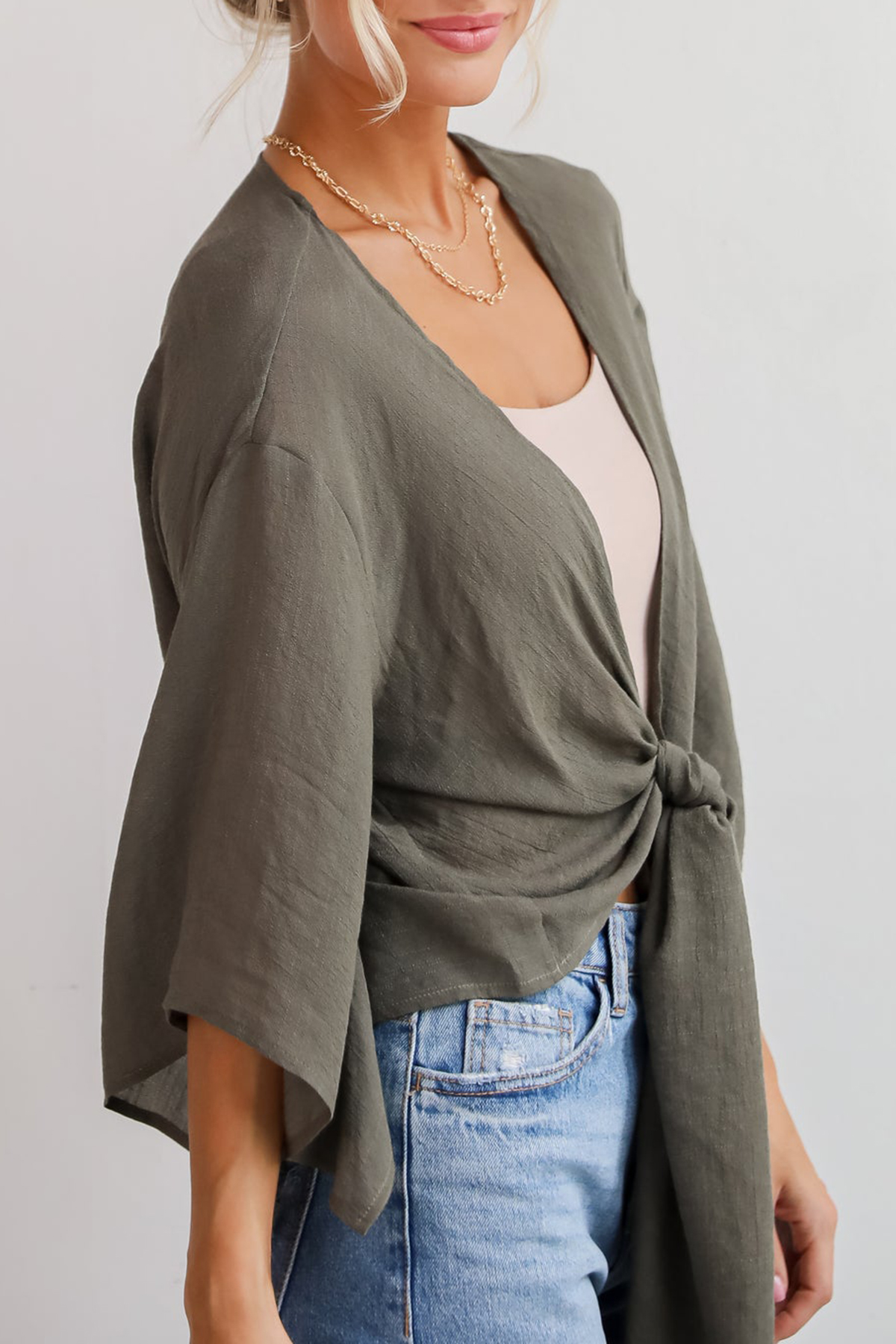 Enchanting Presence Olive Tie-Front Blouse