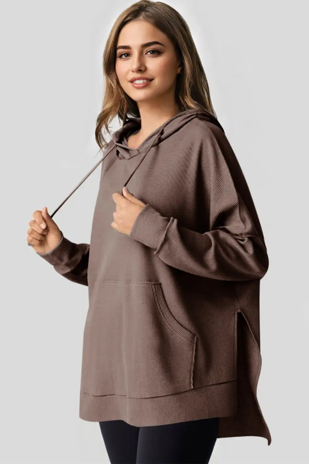 Modern Waffle Knit Fleece Lined High Low Oversized Hoodie