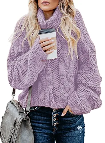 Women's 2025 Turtleneck Balloon Long Sleeve Casual Loose Chunky Cable Knit Pullover Sweater Outerwear