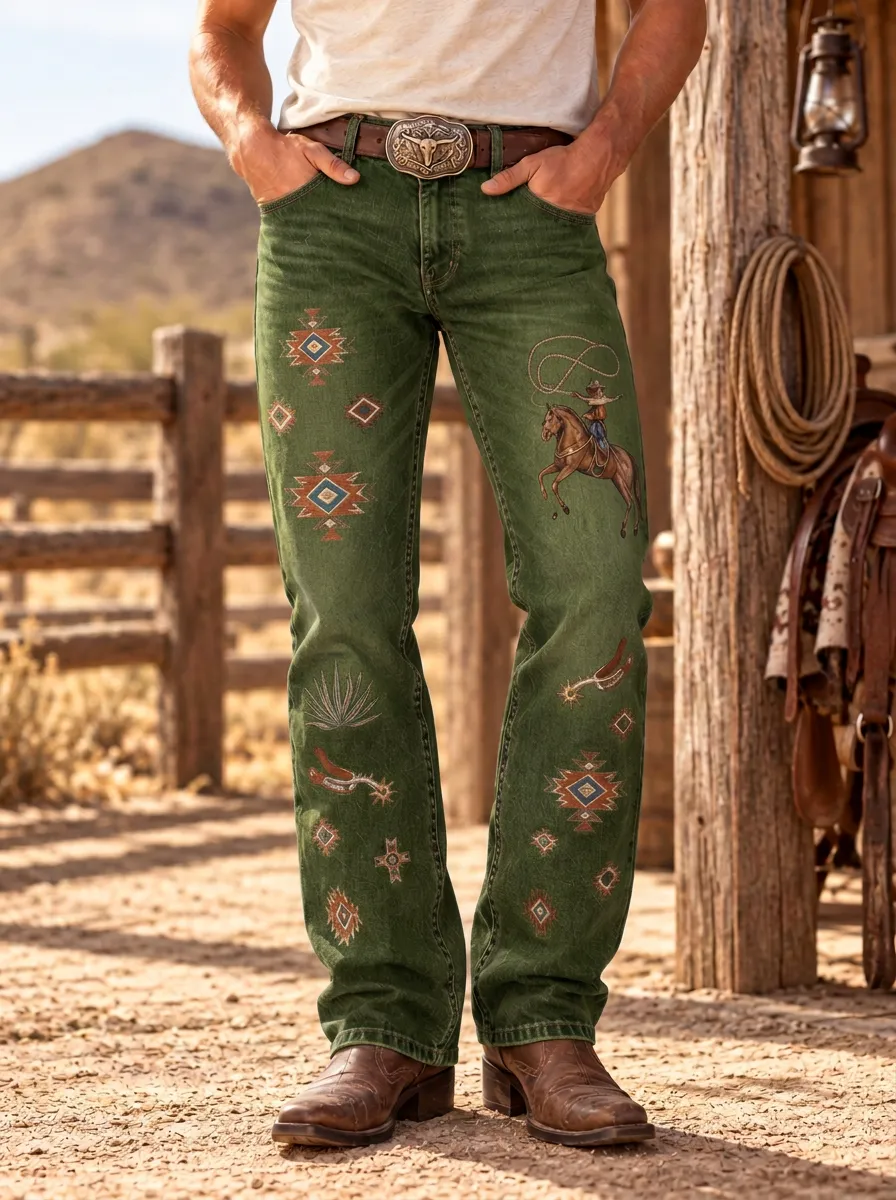 Men's Western Cowboy Rodeo Lasso Aztec Printed Jeans