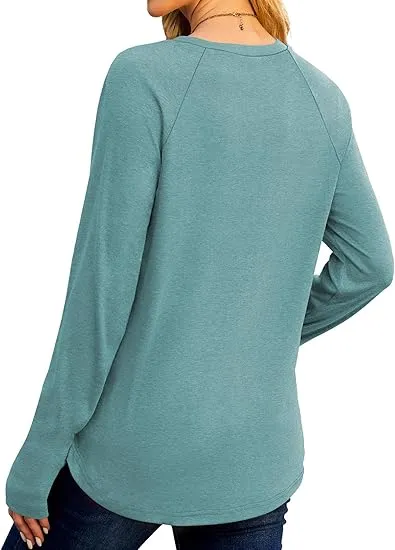 Womens Tunic Tops to Wear with Leggings Long Sleeve Thumb Hole Shirts Crew Neck Curved Hem