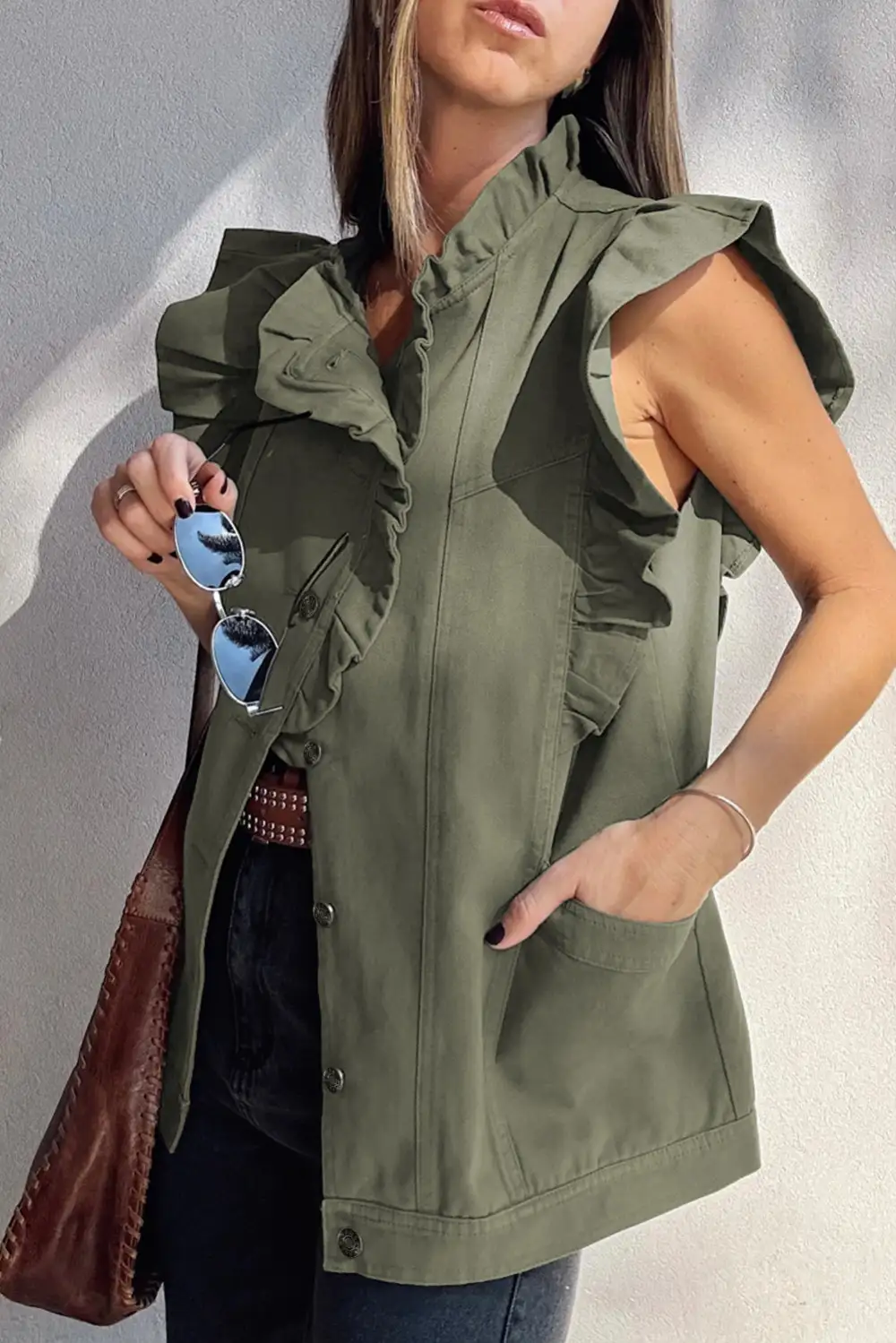 Ruffled Patchwork Cotton Denim Vest