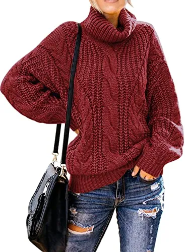 Women's 2025 Turtleneck Balloon Long Sleeve Casual Loose Chunky Cable Knit Pullover Sweater Outerwear