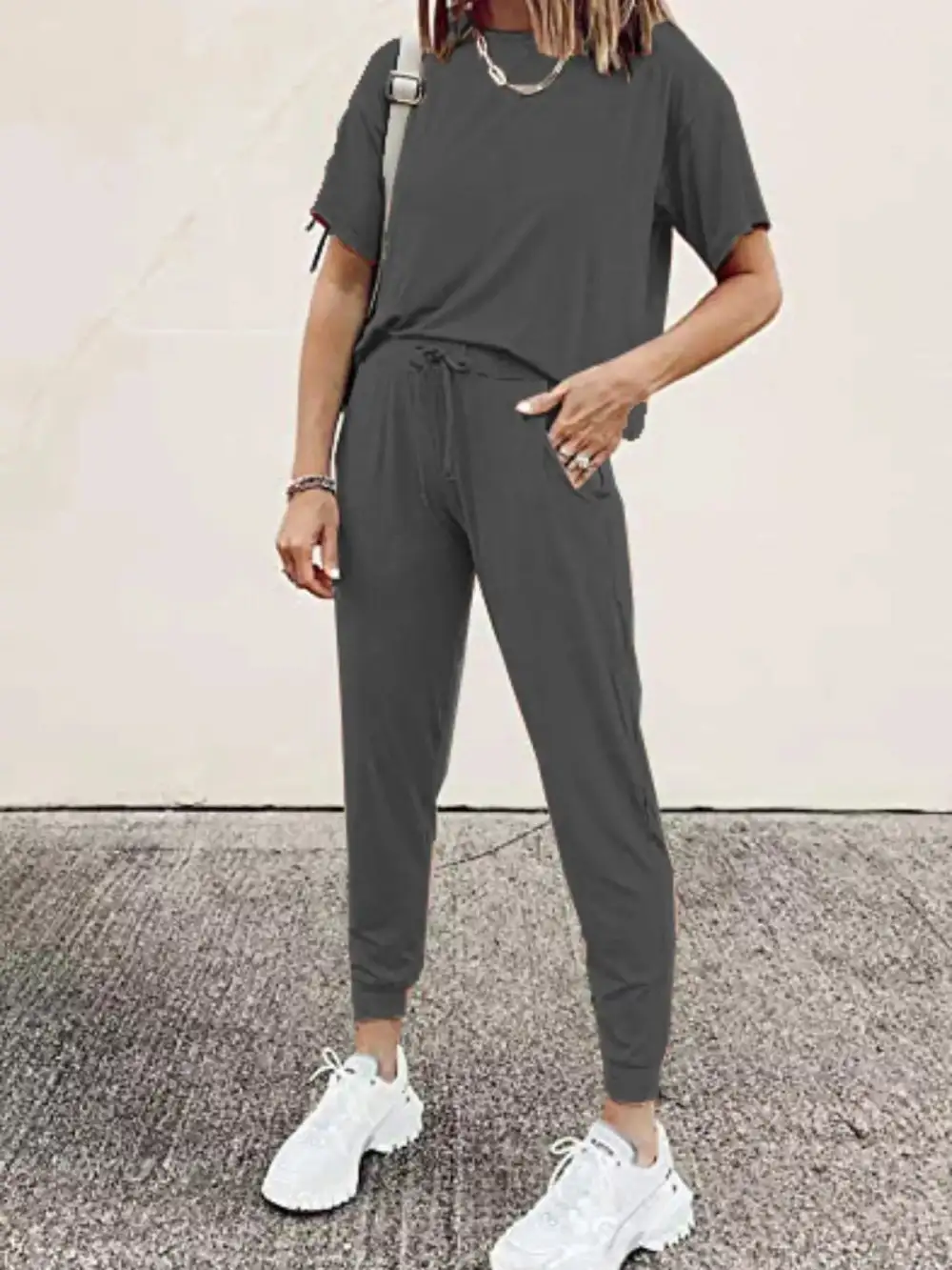 Full Size Round Neck Top and Drawstring Pants Set Plus Size